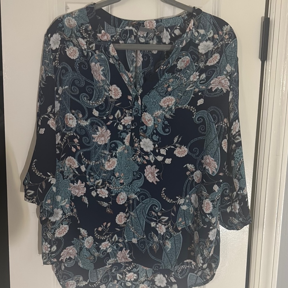 Blue Floral Relaxed Blouse with Mandarin Collar